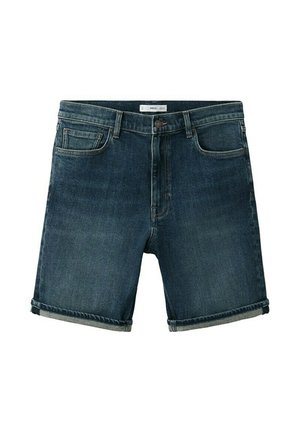 Donkerblauwe denim shorts met opgerolde boorden, voorste knoopsluiting, riemlussen en een ontwerp met vijf zakken.