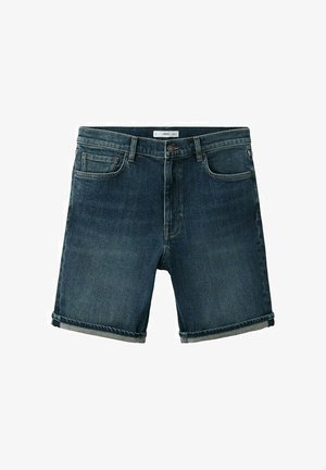 Dunkelblaue Jeansshorts mit umgeschlagenen Säumen, vorderem Knopfverschluss, Gürtelschlaufen und Fünf-Taschen-Design.