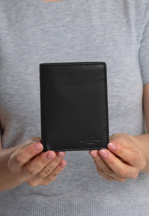 Black leather wallet with a smooth texture, rectangular shape, and subtle stitching. Features embossed logo at the bottom.