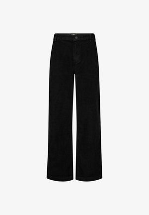 Pantaloni a gamba larga in corduroy nero con chiusura a bottone, tasche frontali e una texture a righe in tutto il capo.