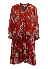 Robe longue à manches longues rouge avec un devant à boutons, une taille froncée et une jupe plissée aux tons rose, jaune, blanc et violet.