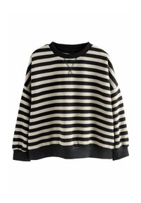 Sweat-shirt rayé noir et crème, avec un col rond, des manches longues, des poignets côtelés, et une texture douce avec un détail de point croisé au dos.