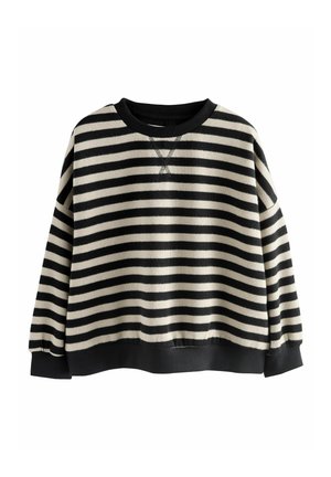 Sweat-shirt rayé noir et crème, avec un col rond, des manches longues, des poignets côtelés, et une texture douce avec un détail de point croisé au dos.