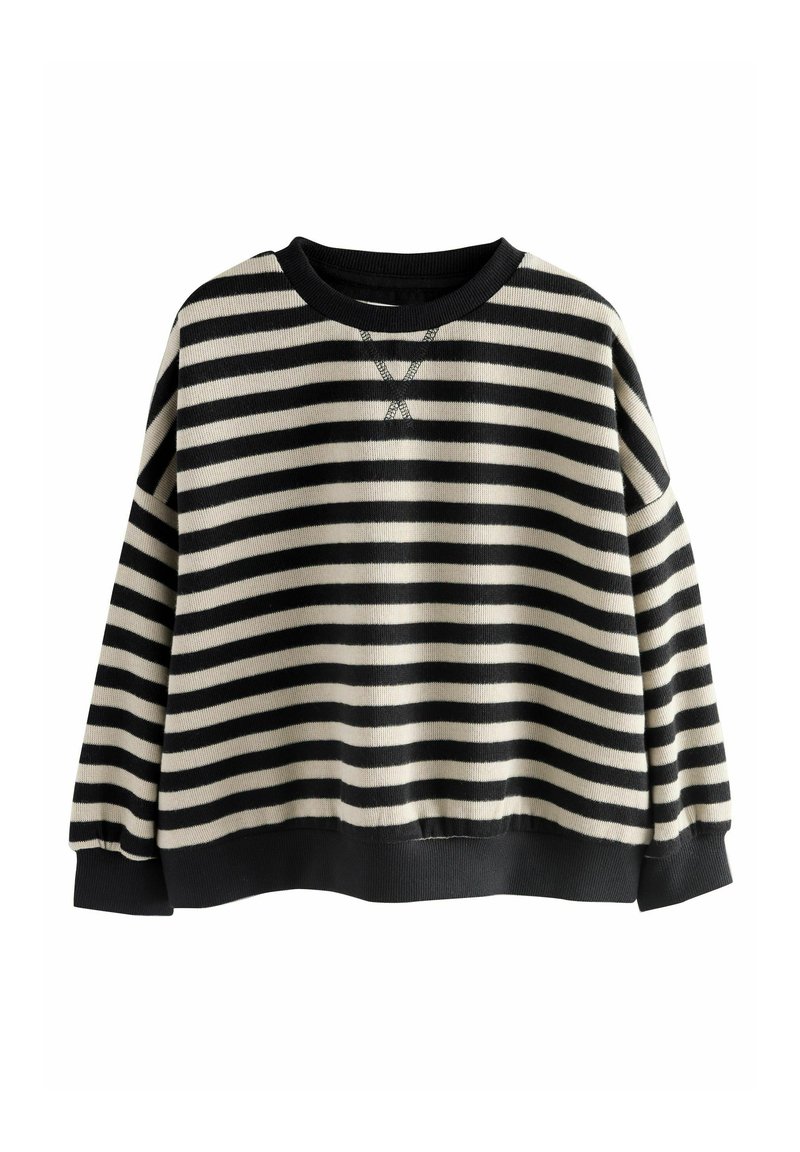 Sweat-shirt rayé noir et crème, avec un col rond, des manches longues, des poignets côtelés, et une texture douce avec un détail de point croisé au dos.