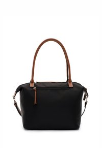 Borsa a tracolla in tessuto nero con manici e dettagli in pelle marrone. Il design presenta una chiusura con zip e una tracolla removibile.