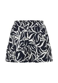 Musta-valkoiset kukkakuviolliset shortsit, joissa on joustava vyötärönauha ja etupuolen laskosdetaili.