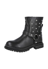 Botín negro de cuero con tachuelas plateadas, correa ancha y suela de goma. Presenta una puntera redondeada y superficie texturizada para mayor agarre.