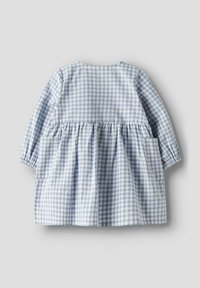 Sininen-ja valkoinen ruudullinen mekko, pitkät hihat, kerätty vyötärö, kaksi sivutaskua, kevyt puuvillakangas, pyöreä kaula-aukko, rento istuvuus.