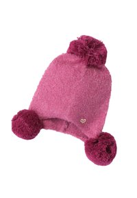Bonnet en tricot rose avec une texture duveteuse, surmonté d'un pompon et avec deux pompons plus grands sur les côtés, agrémenté d'un petit logo.