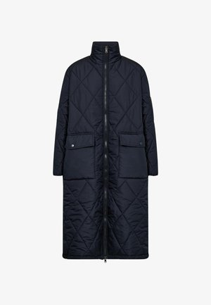 Mornarice kaput s kvadratnom uzorkom, dugih rukava, koji ima visoki ovratnik, punu dužinu zatvarača, dva prednja džepa s preklopom, i teksturirani dijamantni uzorak.