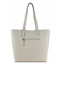 Borsa tote in pelle grigia chiara con una superficie liscia, dotata di due manici lunghi, una tasca con zip sul davanti e un branding sottile.
