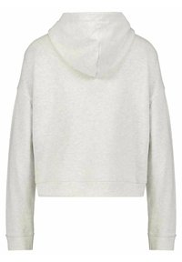 Sudadera gris recortada con capucha, mangas anchas y textura suave. Presenta un diseño sencillo y puños elásticos en las muñecas.