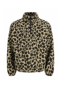 Fuzzy beige pullover med sort leopardprint, halv-zip krave og elastiske manchetter. Blød tekstur med en afslappet pasform.