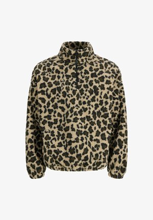 Pull beige duveteux avec un imprimé léopard noir, col à demi-éclair et poignets élastiques. Texture douce avec une coupe décontractée.