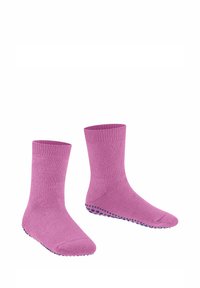 Rosa Baumwollsocken mit einem gerippten Bündchen und rutschfesten blauen gepunkteten Sohlen. Mittlere Schafthöhe, glatte Textur und nahtloses Design für Komfort.