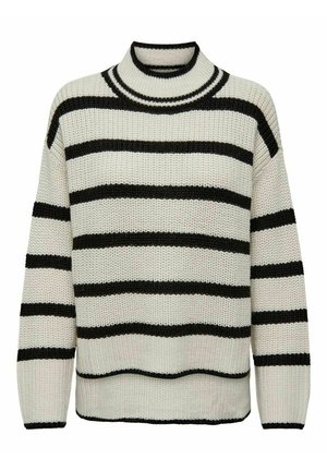 Knit sweater with a high neckline, featuring horizontal black and white stripes, textured fabric, and a relaxed fit. Ribbed edges at hem and cuffs.