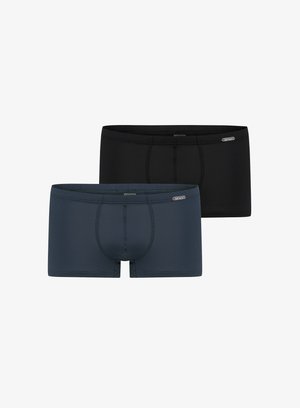 Two pairs of boxer shorts, one navy blue and one black, featuring a soft fabric, horizontal ribbed texture, and a fitted design.