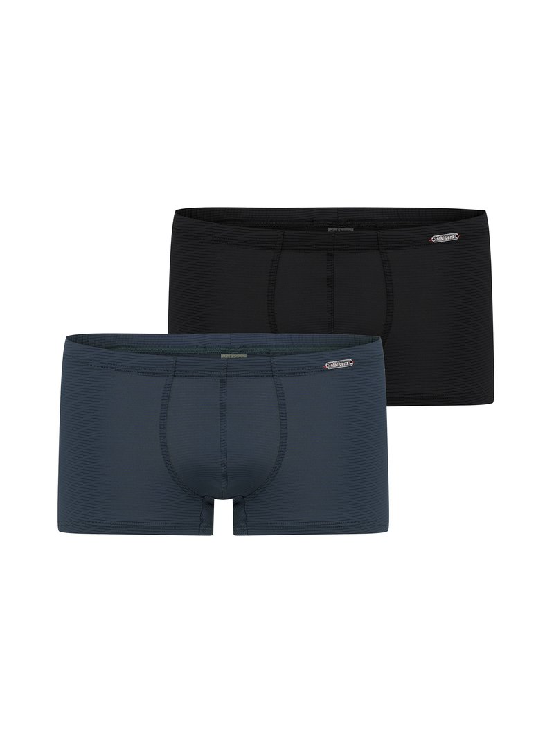 Two pairs of boxer shorts, one navy blue and one black, featuring a soft fabric, horizontal ribbed texture, and a fitted design.