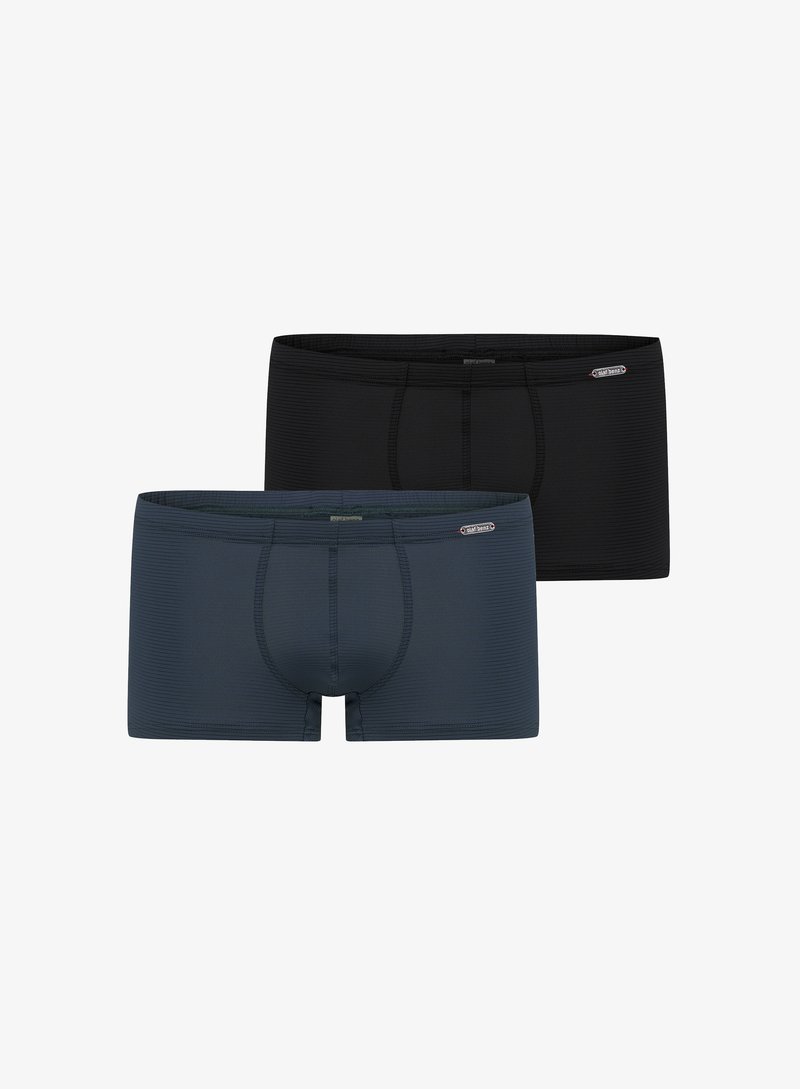 Two pairs of boxer shorts, one navy blue and one black, featuring a soft fabric, horizontal ribbed texture, and a fitted design.