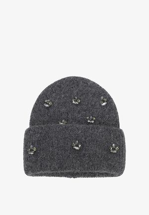 Cappello di lana grigio a maglia con bordo ripiegato, decorato con strass sparsi sulla superficie per un tocco di stile in più.