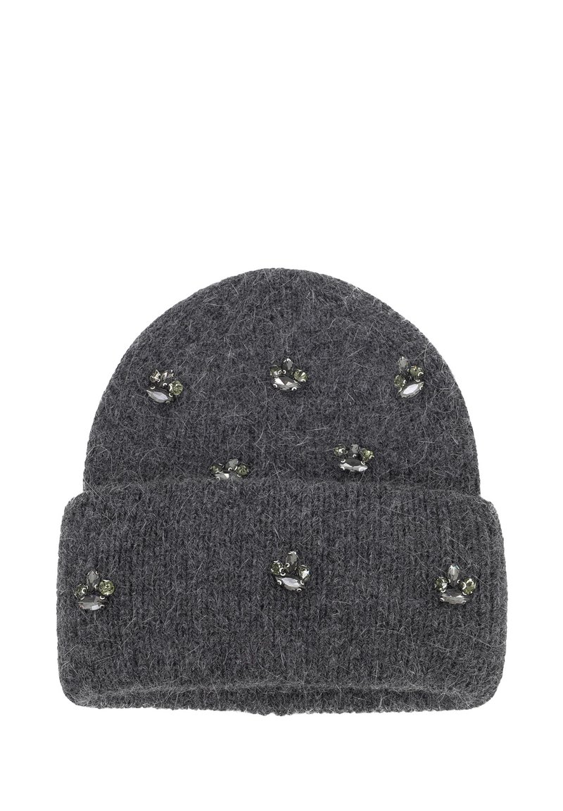 Cappello di lana grigio a maglia con bordo ripiegato, decorato con strass sparsi sulla superficie per un tocco di stile in più.