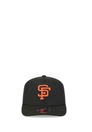 Black baseball cap with orange "SF" logo on front and flat brim, viewed from the front on a white background.