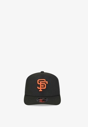 Black baseball cap with orange "SF" logo on front and flat brim, viewed from the front on a white background.