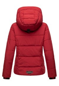 Red puffer jacket with a hood, featuring quilted stitching, a slim fit, and black accents at the sleeves. Label visible at the hem.