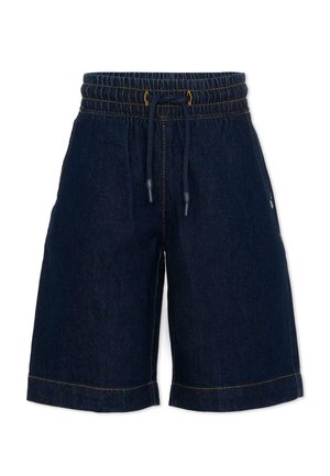 Short in denim blu scuro con vita elastica e coulisse, cuciture gialle e taglio al ginocchio.