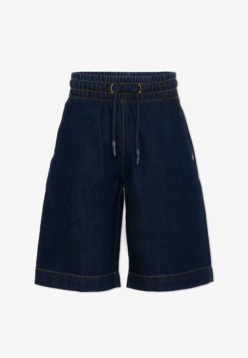 Short en denim bleu foncé avec ceinture élastique et cordon, couture jaune et coupe genoux.