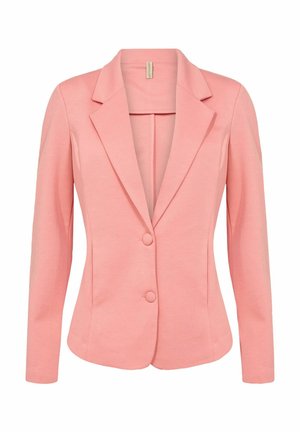 Pink blazer with a tailored fit, single-button closure, notched lapels, and smooth texture. Long sleeves, minimalist design, no patterns.