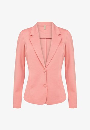 Blazer rose avec une coupe ajustée, fermeture à un bouton, revers crantés et texture lisse. Manches longues, design minimaliste, sans motifs.
