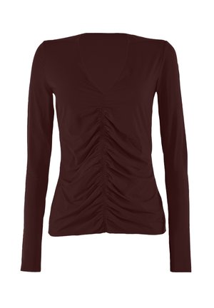 Haut à manches longues bordeaux avec un décolleté en V profond et des fronces sur le devant. Confectionné dans un tissu lisse et extensible.