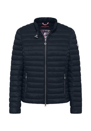 Czarna pikowana kurtka puchowa z przednim zamkiem błyskawicznym, dwoma kieszeniami na zamek oraz stójką, oznaczona metką Frieda & Freddies New York.