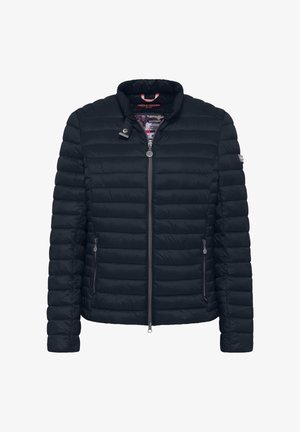 Czarna pikowana kurtka puchowa z przednim zamkiem błyskawicznym, dwoma kieszeniami na zamek oraz stójką, oznaczona metką Frieda & Freddies New York.