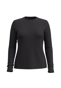 Schwarzes geripptes Langarm-T-Shirt mit rundem Ausschnitt. Verfügt über einen strukturierten Stoff und eine enganliegende Silhouette. Die Bündchen sind am Handgelenk leicht gerafft.