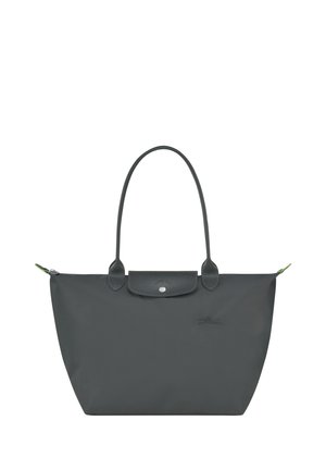 Gray nylon tote bag with a smooth texture, dual straps, a snap closure, and a leather accent at the top. Features subtle branding and a green zipper pull.