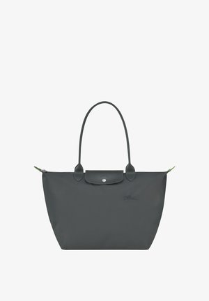 Gray nylon tote bag with a smooth texture, dual straps, a snap closure, and a leather accent at the top. Features subtle branding and a green zipper pull.