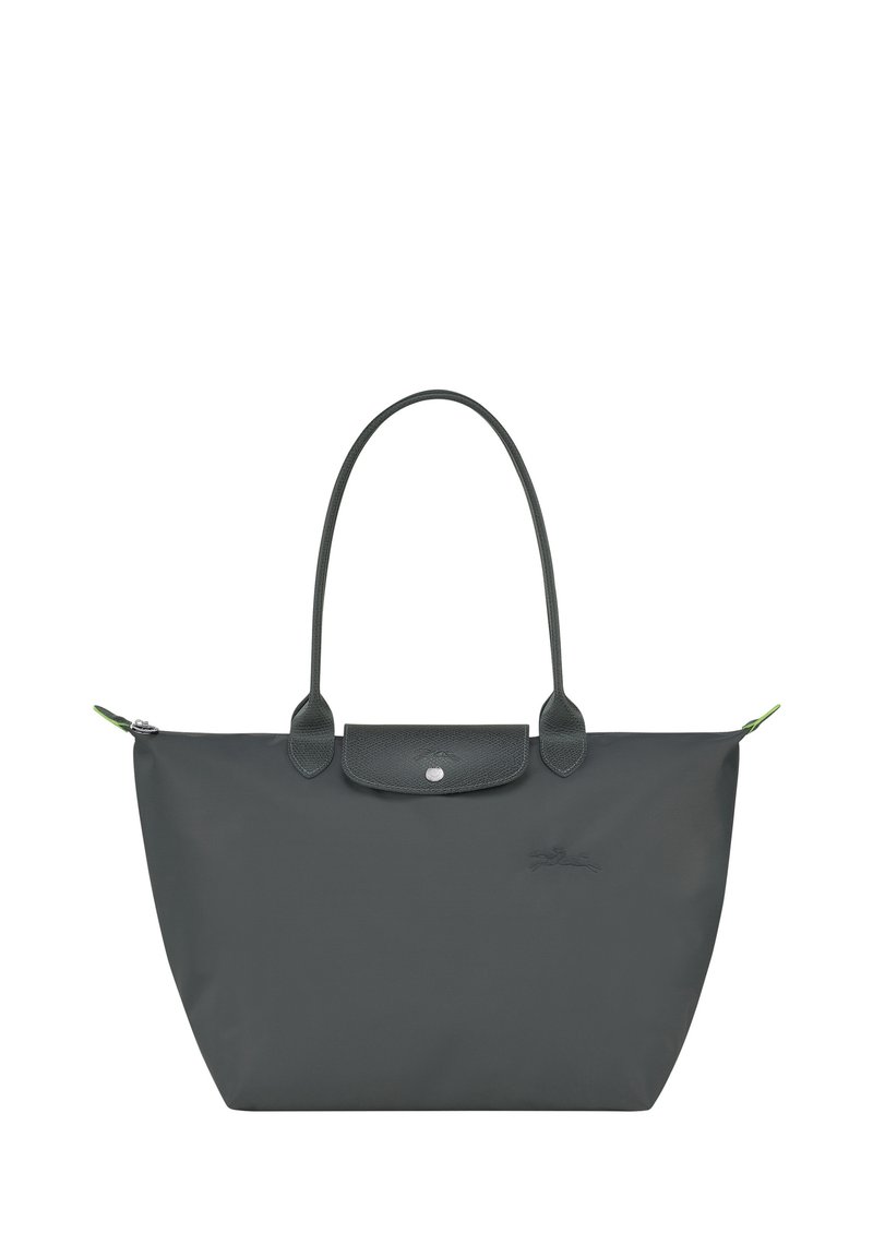 Gray nylon tote bag with a smooth texture, dual straps, a snap closure, and a leather accent at the top. Features subtle branding and a green zipper pull.