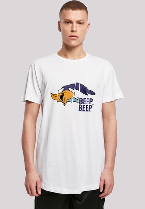 White cotton t-shirt featuring a cartoon duck graphic in orange, blue, and purple, with the text "BEEP BEEP." Short sleeves, round neckline.