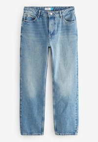 Jeans diritti blu chiaro realizzati in denim, dotati di cinque tasche, chiusura con bottone e leggere scoloriture sul tessuto per un effetto di trama.