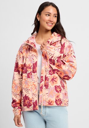 Leichte, kapuzen Regenjacke in Pfirsich mit kunstvollen Blumenmustern in Lila- und Kastanientönen. Elastische Bündchen und ein Reißverschluss vorne.