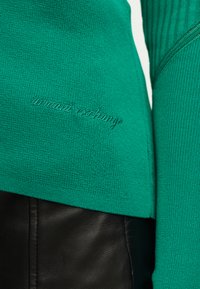Πλεκτό πράσινο πουλόβερ με κεντημένο το «Armani Exchange» κοντά στο τελείωμα, συνδυασμένο με μαύρο δερμάτινο παντελόνι που φαίνεται στη μέση.