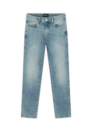 Jeans in denim azzurro chiaro con taglio dritto, chiusura frontale con bottone e cerniera, cinque tasche e leggero scolorimento su cosce e ginocchia.