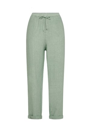 Lysgrønne linnedbukser med en afslappet pasform, elastisk talje og justerbar snøring. Opkrøllede sømme tilføjer en subtil detalje til designet.