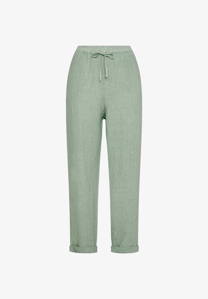 Pantalones de lino verde claro con un corte relajado, cintura elástica y cordón ajustable. Los dobladillos con puños añaden un detalle sutil al diseño.