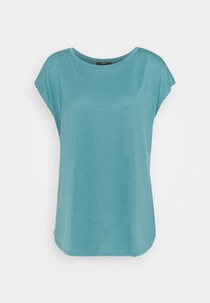 Turkis t-shirt med korte ærmer, rund halsudskæring, afslappet pasform, glat tekstur og buet kant. Letvægtsstof med en let glans.