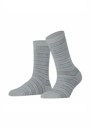 Gray socks featuring horizontal black stripes and dotted lines, made from a soft material, with a ribbed cuff and a smooth texture.