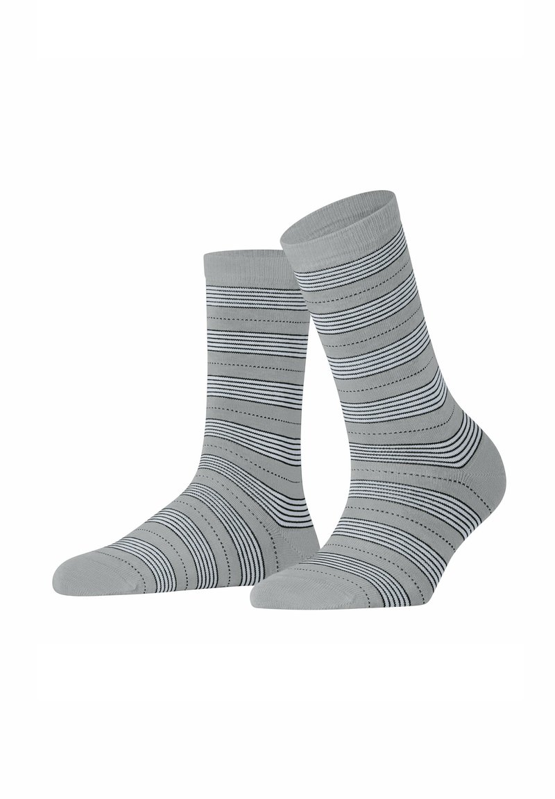 Gray socks featuring horizontal black stripes and dotted lines, made from a soft material, with a ribbed cuff and a smooth texture.