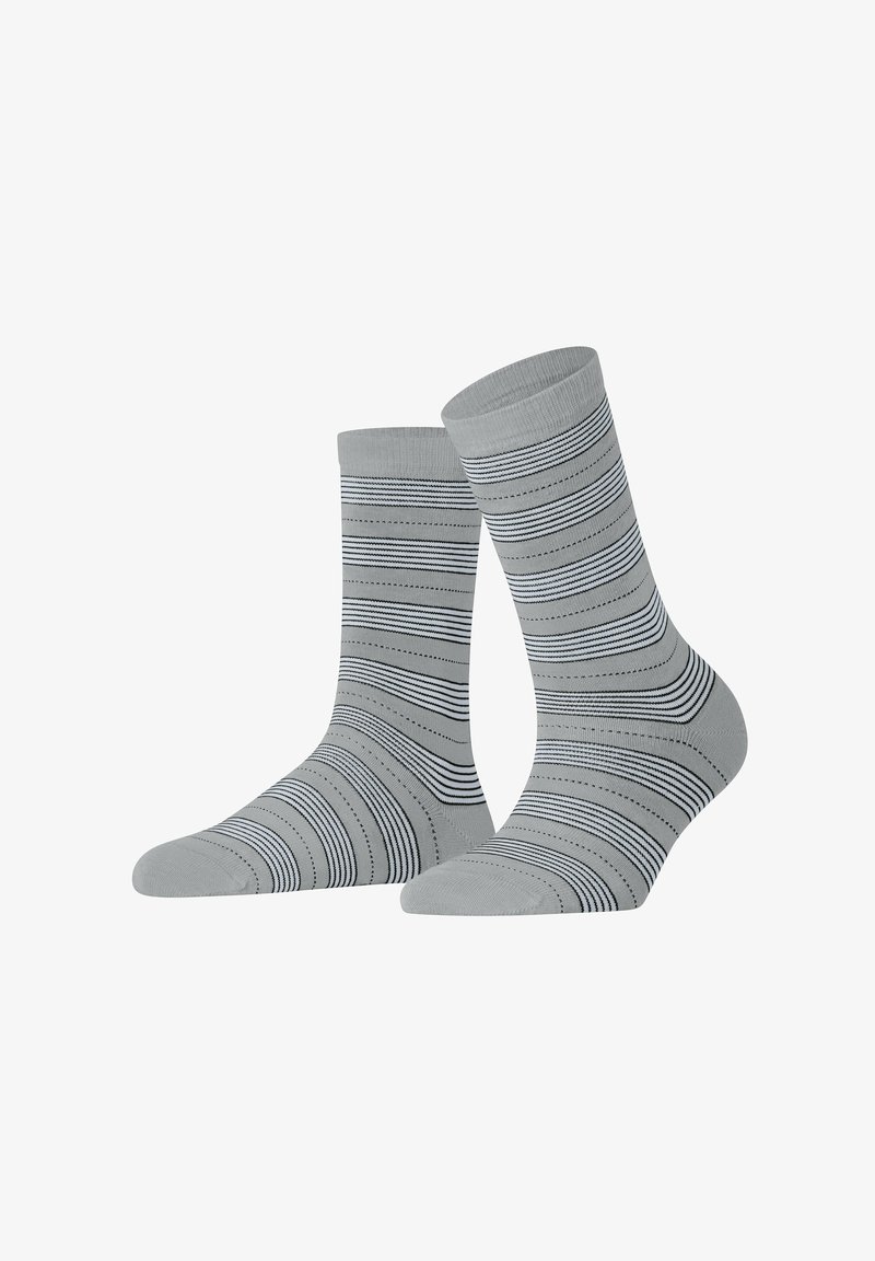 Gray socks featuring horizontal black stripes and dotted lines, made from a soft material, with a ribbed cuff and a smooth texture.